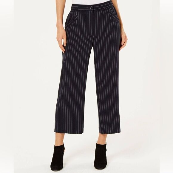 Eileen Fisher Pants Women’s Large Navy & White Pinstripe Pull On Wide Leg Crop - Picture 1 of 10